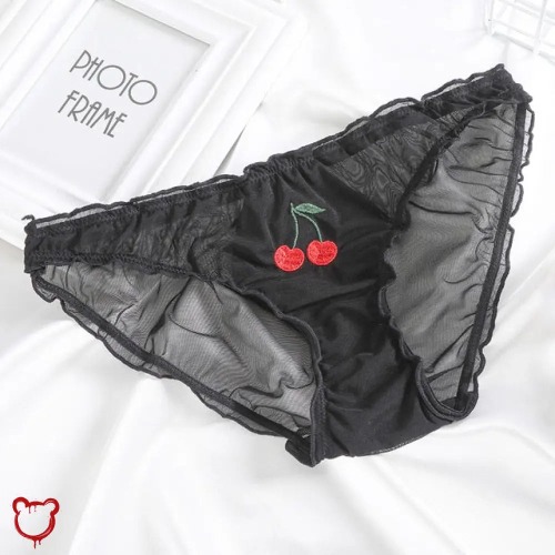 Cherry Embroidered Black Panties - Black / M / 1pc