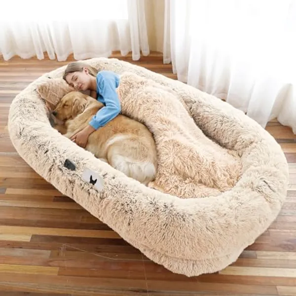Human Dog Bed, 71''x45''x12'' Size Fits You and Pets, Washable Faux Fur Dog Bed for People Doze Off, Napping Orthopedic Dog Bed, Present Plump Pillow, Blanket, Strap - Beige