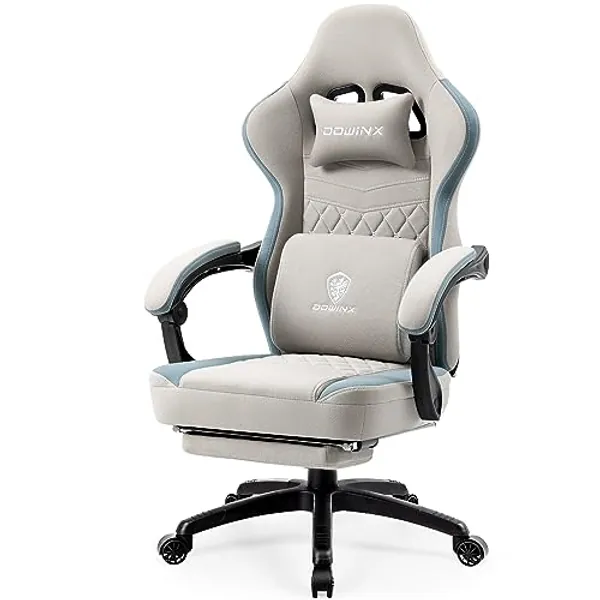 Dowinx Gaming Chair Breathable Fabric Computer Chair with Pocket Spring Cushion, Comfortable Office Chair with Gel Pad and Storage Bag,Massage Game Chair with Footrest,Grey
