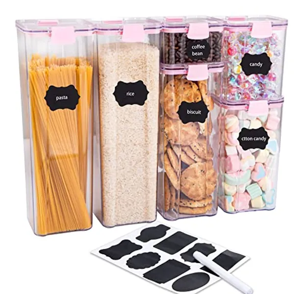 U-QE Airtight Food Storage Containers - Set of 6, BPA Free Plastic Food Containers with Lids，Kitchen & Pantry Organization Containers for Sugar, Flour, Cereal, Cereal Canister with Labels & Marker