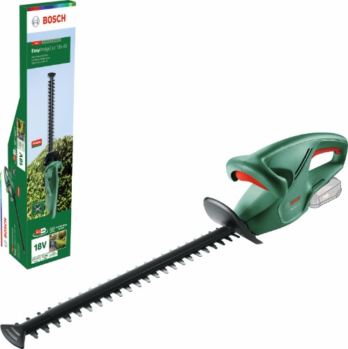 Bosch 18V Cordless Hedge Trimmer Garden Pruner Without Battery, 450 mm Blade Length, Anti Blocking System (EasyHedgeCut 18-45). Made in Europe - New Design | Classic Green