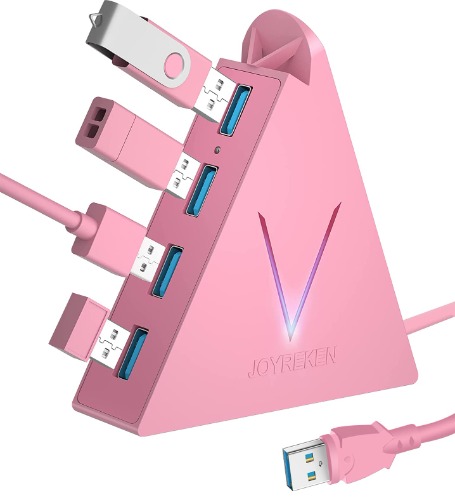 JoyReken 4-Port USB 3.0 Hub, FlyingVHUB Vertical Data USB Hub with 2 ft Extended Cable, for Mac, PC, Xbox One, PS4, PS5, iMac, Surface Pro, XPS, Laptop, Desktop, Flash Drive, Mobile HDD(Pink) - Pink