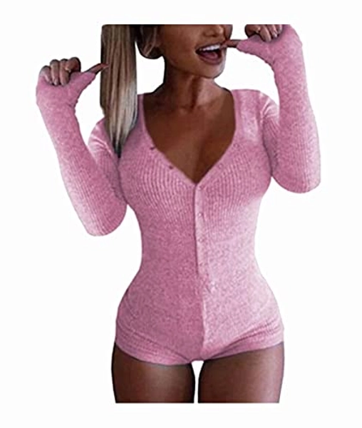 Roselux Women's Sexy Deep V Neck Shorts Long Sleeve Knitted One Piece Bodysuit Sexy Pajama Onesie Bodycon Rompers Overall