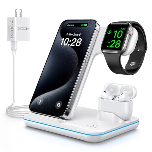 WAITIEE Wireless Charger 3 in 1,15W Fast Charging Station for Apple Watch 9/8/Ultra/SE/7/6/5/4/3/2/1,for AirPods 3/2/1/Pro,for iPhone 15/14/13 /Pro/Pro Max/12/11,for Samsung Galaxy Phone Series(White)