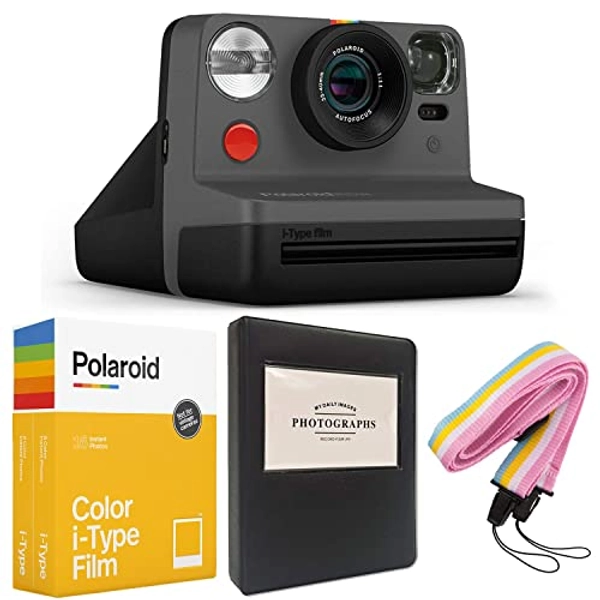 Polaroid Now i-Type Instant Camera - Black + Polaroid Color i-Type Film (16 Sheets) + Black Album + Neck Strap - Gift Bundle