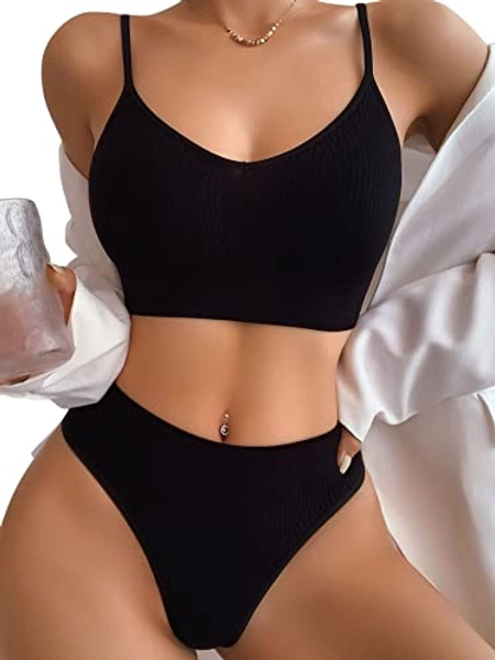 SweatyRocks Women's Cute Two Piece Lingerie Set Seamless Wireless Bra and Thong Panty Set Underwear