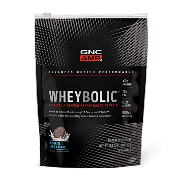 GNC AMP Wheybolic Protein Powder | Targeted Muscle Building and Workout Support Formula | Pure Whey Protein Powder Isolate with BCAA | Gluten Free | Cookies and Cream | 10 Servings