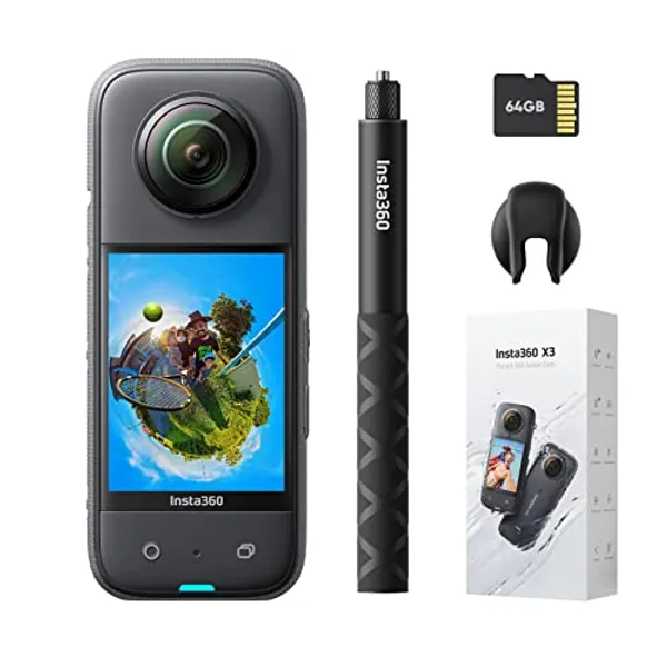 Insta360 X3 - Get Set Kit Waterproof 360 Action Camera with 1/2" 48MP Sensors, 5.7K 360 Active HDR Video, 72MP 360 Photo, 4K Single-Lens, 60fps Me Mode, Stabilization, 2.29" Touchscreen, AI Editing