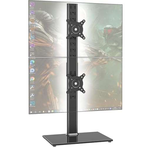 Dual Monitor Stand - Vertical Stack Screen Free-Standing Desk Mount Arm Riser Fits Two 13 to 34 Inch Computer Monitors with Swivel, Tilt, Height Adjustable, VESA Stand 100 x 100mm, 75 x 75mm AX05TB02