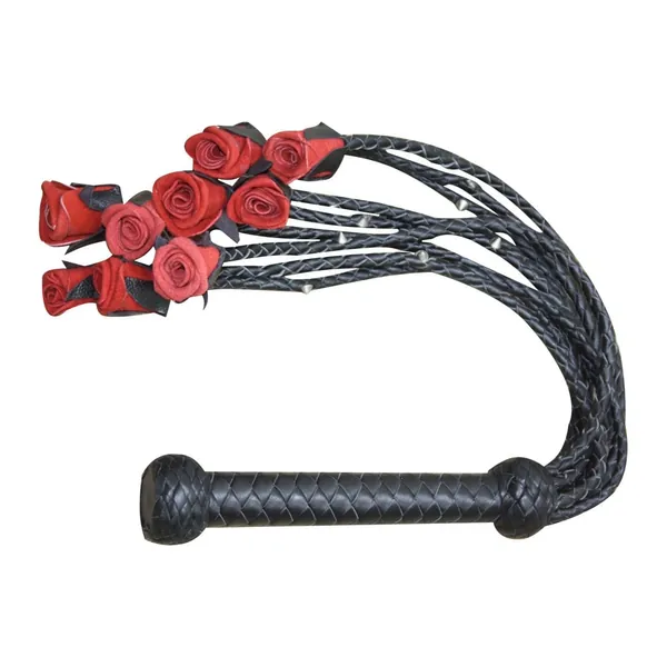100% Genuine Cow Hide Leather Flogger Handmade 9 Braided Falls Red Heavy Roses & Steel Studs