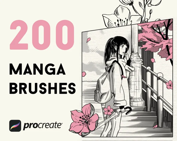 200 Manga Brushes for Procreate, Manga procreate brushes, speedline, lace, sakura, foliage, halftone, patterns etc