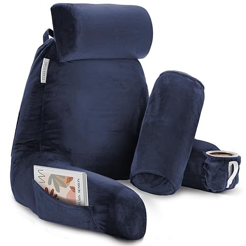 Clara Clark Reading Pillow, Large Back Pillow for Sitting Up in Bed, Memory Foam Back Support Pillow, Reading Pillows for Sitting in Bed Adult, Navy Blue Sit Up Pillow for Bed with Arms and Pockets - Large - Navy Blue
