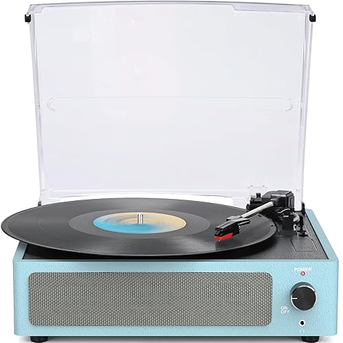 Vinyl Record Player with Speakers New Sleek Turntable for Vinyl Records Wireless Receiver 3 Speed 3 Size LP Vinyl Player for Vinyls AUX-in RCA Line LP Vinyl Players Auto Stop Blue - Light Blue - Built-in Two Speakers