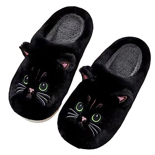 Plush animal slippers, soft and comfortable slippers, women's home slippers, bedroom cat girl plush slippers - 11-12 Women/9-9.5 Men - Black