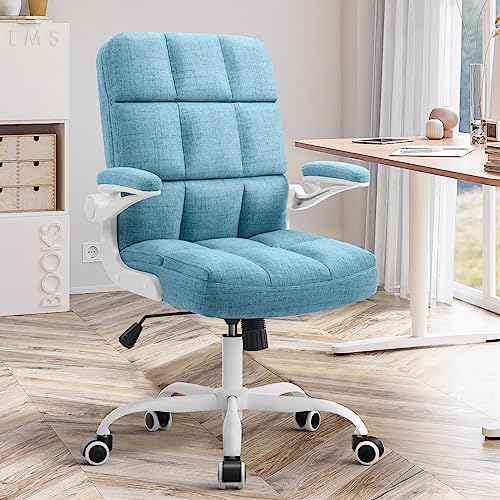 SEATZONE Office Chair Blue Linen Desk Chairs with Flip-up Armrest, Rolling Desk Chair with Wheels, Computer Chairs Adjustable Backward Tilt - 19.7D x 19.7W x 42.2H in - Linen-blue