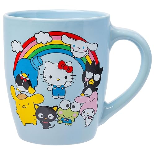 Silver Buffalo Sanrio Hello Kitty and Friends Featuring Badtz-Maru, My Melody, Cinnamoroll, Pompompurin, Tuxedo Sam, Keroppi, and Chococat Rainbow Jumbo Curved Ceramic Mug, 25 Ounces