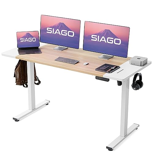 SIAGO Electric Standing Desk Adjustable - 55 x 24 Inch Sit Stand up Desk with Cable Management - 3 Memory Preset Adjustable Height Desk Computer Home Office Desk - 55 x 24 Inch - Natural+white