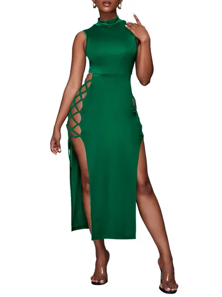 LYANER Women's Mock Neck Cut Out Side Lace Up Sleeveless Bodycon Maxi Tank Dress