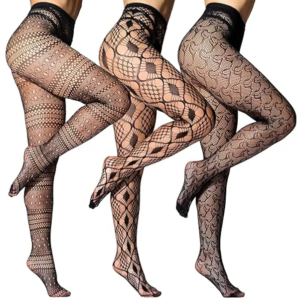 HONENNA Patterned Fishnets Tights Black Pantyhose Stockings for Women, 1-6 Pairs - One Size - 3 Pairs Set Jpq