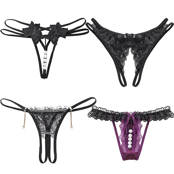 SHEHARUHI 4Pcs Women Sexy Panties Floral Lace Bow Briefs Thongs Underwear T-Back Low Waist V-Shape Breathable 4-Pack M - Medium-Large Short - Black