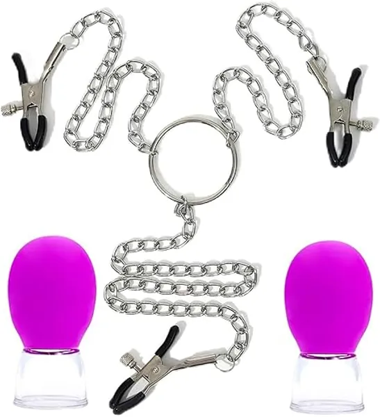 Adjustable Metal Nipple Clamps Entertainment Clip for Women R96 Non-Piercing Nipplerings Clip On Nipple Rings Decorative Clip for Clothing Accessories Suckers (Purple&Three Headed Chain) - Purple&three Headed Chain