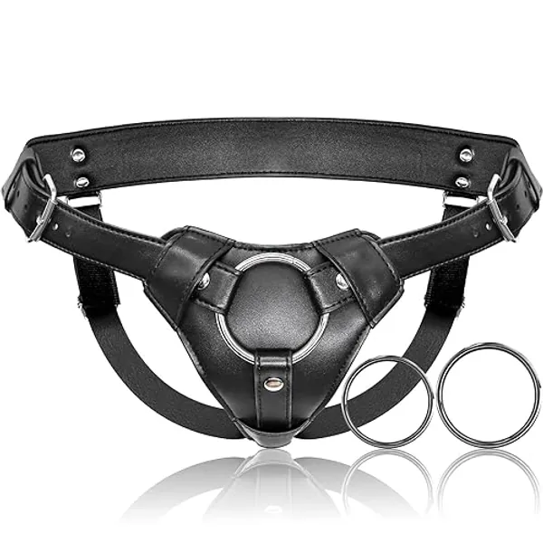 Strap On Dildo Harness Adult Sex Toys for Women Men Pegging Dildo, Adjustable Waist and Thigh Soft Nylon Vegan Leather Belt with 2 Size Metal O-Rings for Lesbian Gay Couple Vaginal Anal Play (Black)