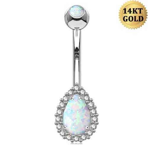 14K White Gold Opal Belly Ring 14G CZ Teardrop Design Navel Ring | Default Title