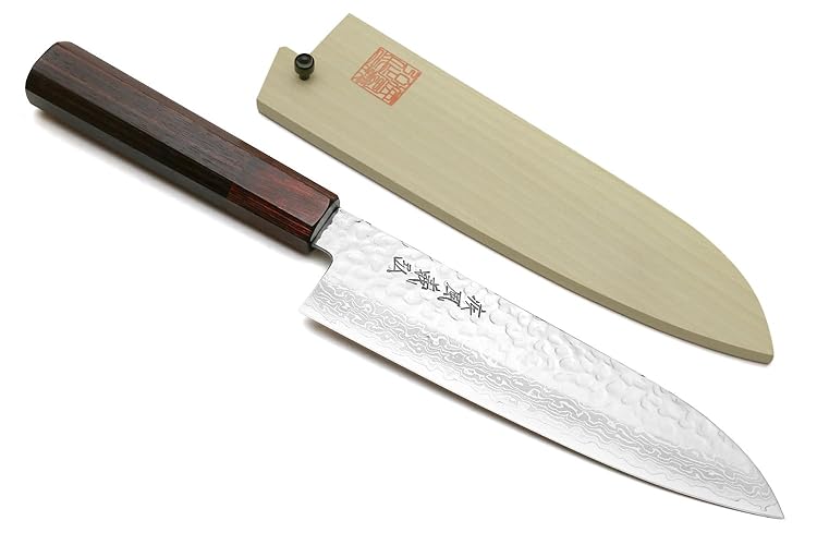 Yoshihiro VG-10 46 Layers Hammered Damascus Santoku Japanese Multipurpose Knife (Ambrosia Handle) (7'' (180mm)) - Rosewood