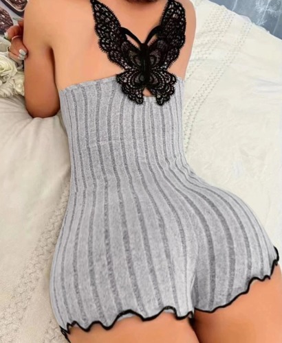 Gray Alt Patchwork Butterfly Lace Bodysuit - GRAY / M