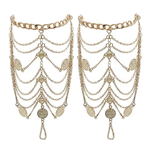 Anklets Boho Vintage Ankle Bracelets for Women Golden Coin Blessing Symbol Beach Anklet Tassel Foot Chains 2 pcs (Golden)