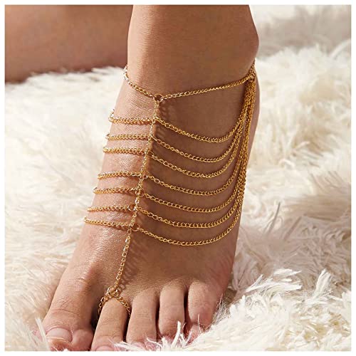 Inateannal Boho Layered Tassel Chain Barefoot Sandal Ankle Gold Layered Toe Ring Ankle Multilayered Tassel Foot Anklet Chain Beach Ankle Bracelet Foot Jewelry for Women and Girls