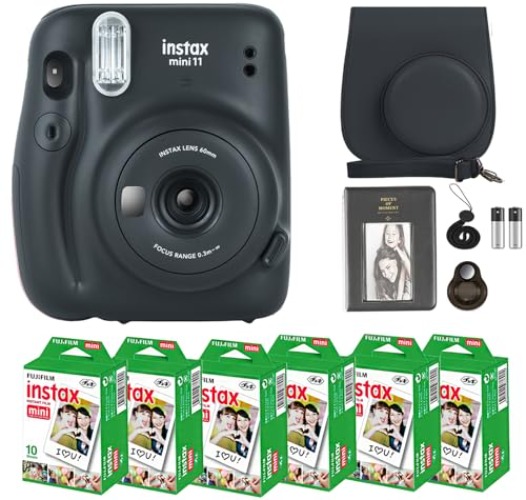 Fujifilm Instax Mini 11 Camera with Fujifilm Instant Mini Film (60 Sheets) Bundle with Deals Number One Accessories Including Carrying Case, Selfie Lens, Photo Album, Stickers (Charcoal Gray) - Charcoal Gray