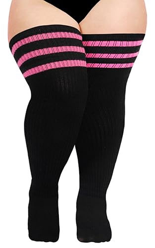 Moon Wood Plus Size Thigh High Socks for Thick Thighs- Womens Knit Cotton Extra Long Over the Knee High Socks Leg Warmer - One Size Plus - Black & Pink
