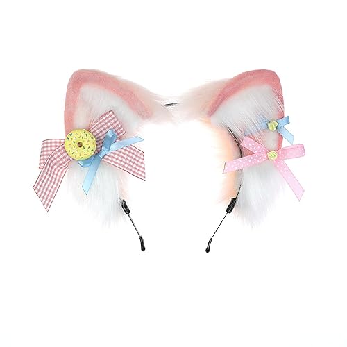 Faylay Women Furry Cat Ear Animal Ears Headband Ribbon Decor - Tgh-pink