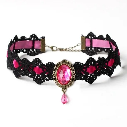 Elegant Victorian Style Choker Necklace with Gold Hardware - Pink