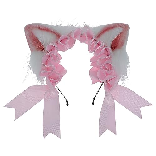 Faylay Women Furry Cat Ear Animal Ears Headband Ribbon Decor - Pink