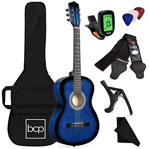 Best Choice Products 38in Beginner All Wood Acoustic Guitar Starter Kit w/Gig Bag, Digital Tuner, 6 Celluloid Picks, Nylon Strings, Capo, Cloth, Strap w/Pick Holder - Blue - Blueburst