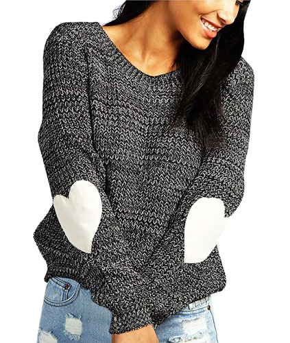 shermie Women's Cute Heart Pattern Elbow Patchwork Casual Crewneck Knitted Sweaters Pullover - Thick Dark Gray Large