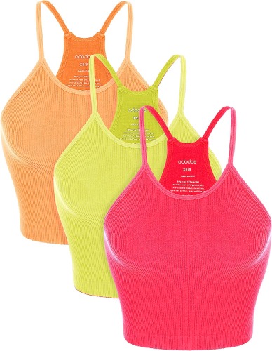 ODODOS Women's Crop 3-Pack Washed Seamless Rib-Knit Camisole Crop Tank Tops - Neon Pink+green+orange (Long Crop) X-Large-XX-Large