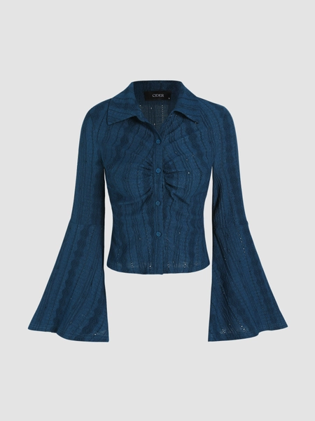 Solid Geometric Bell Sleeve Ruched Blouse