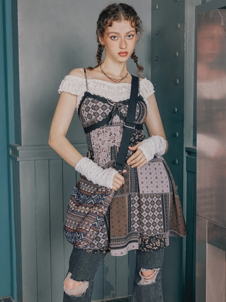 Aztec Patchy Lace Trim Sleeveless Mini Dress