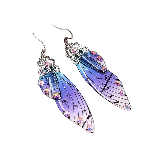 Faerie Butterfly Wing Foil Rhinestone Earrings Necklace Set Unique Fairy Simulation Big Monarch Butterflies Earring Classy Handmade Jewelry for Women Girls - Blue Silver