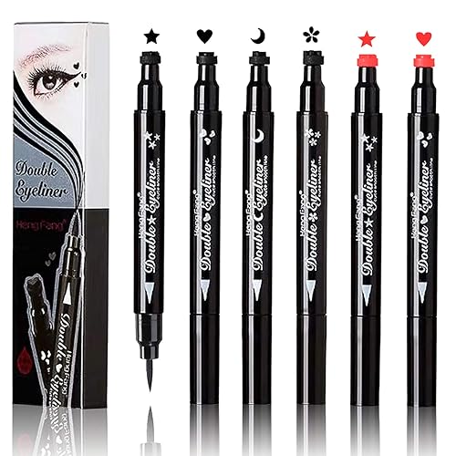 NewBang Liquid Eyeliner Stamp 6Pcs, Double-sided Seal Eye Liners Pen for Women Waterproof Longlasting Black and Red Eyeliner Tattoo Pencil Flowers Heart Moon Star Stencils Makeup Set
