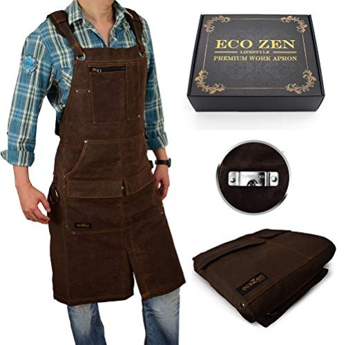 Shop Apron - 16 oz Long Waxed Canvas Work Apron with Pockets | Waterproof, Fully Adjustable to Comfortably Fit Men and Women Size S to XXL | Tough Tool Apron to Give Protection and Last a Lifetime - Dark Brown Long