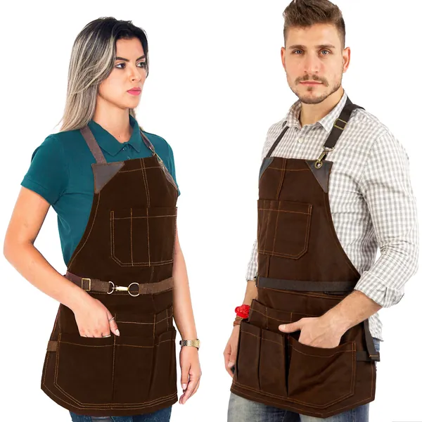 Tool Apron - Brown Waxed Canvas, Leather Trim, 12 Pockets, Heavy-Duty, NoTie, Woodwork, Garden, Shop