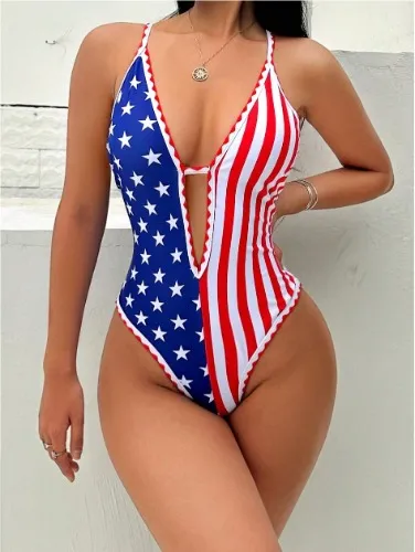 SHEIN Swim Women American Flag Print Deep V-Neck Slim-Fit One-Piece Swimsuit With Spaghetti Straps For Summer Beach Vacation