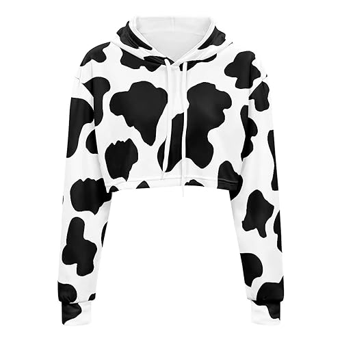 YEXIATODO Girl's Casual Sweatshirts Long Sleeve Crop Top Hoodies for Women - Black Cow Print - Large
