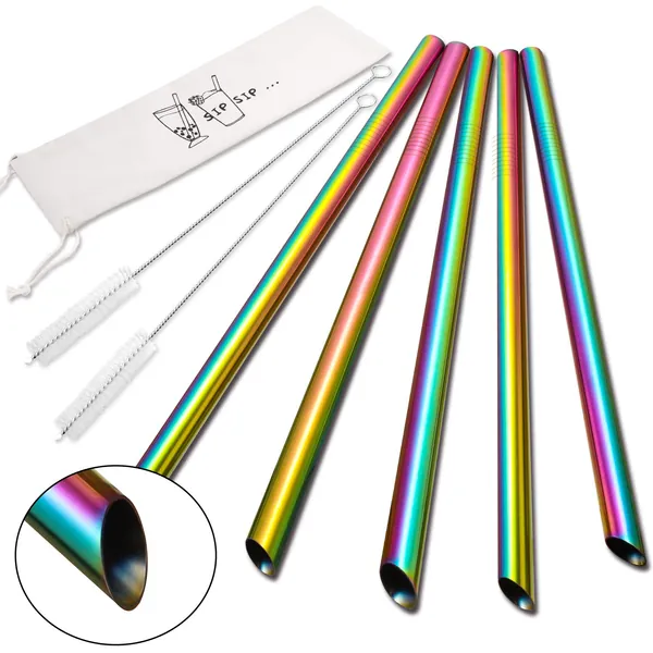 5 Pcs 10" Reusable Boba Straws & Smoothie Straws - Rainbow Colors & Angled Tips, 0.5" Wide Stainless Steel Straws, Metal Straws for Bubble Tea, Milkshakes, Jumbo Drinks | 2 Cleanning Brushes & 1 Case - 