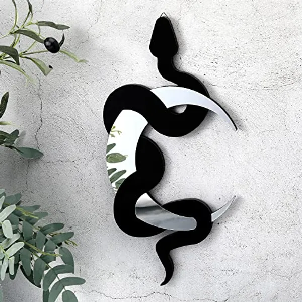 Weysat Black Snake and Crescent Moon Mirror Wall Decor Boho Hanging Mirrors Snake Decorative Wall Art for Living Room Home Bathroom Bedroom Hallway (Silver)