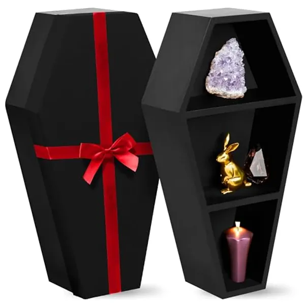 MANNY'S MYSTERIOUS ODDITIES Coffin Shelf with Coffin Gift Box and Spooky Accessories Set - Spooky Coffin Decor 14 by 7 Inches - Black